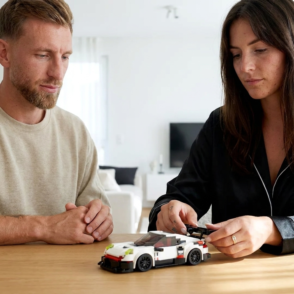 BrickCars Klemmbaustein-Modell eines Sportwagens auf einem Schreibtisch