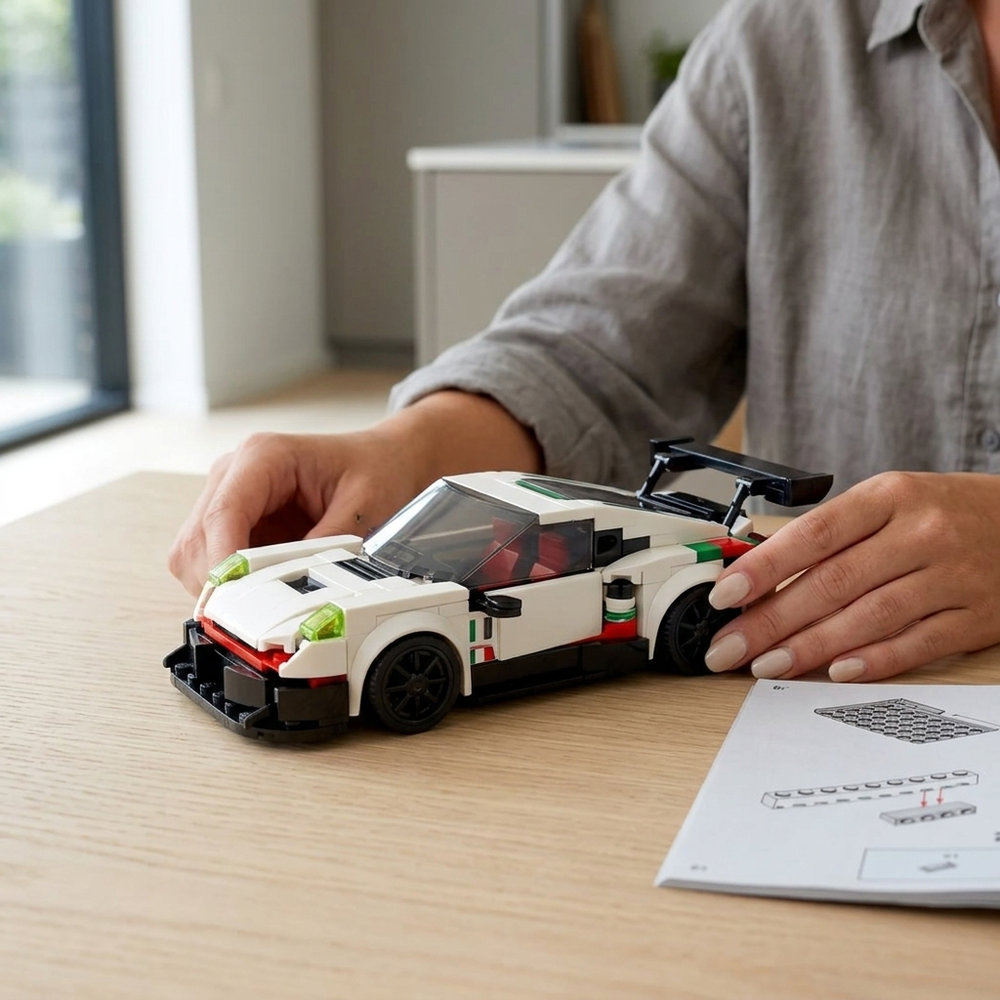 Aufgeschlagene bebilderte Schritt-für-Schritt-Bauanleitung von BrickCars